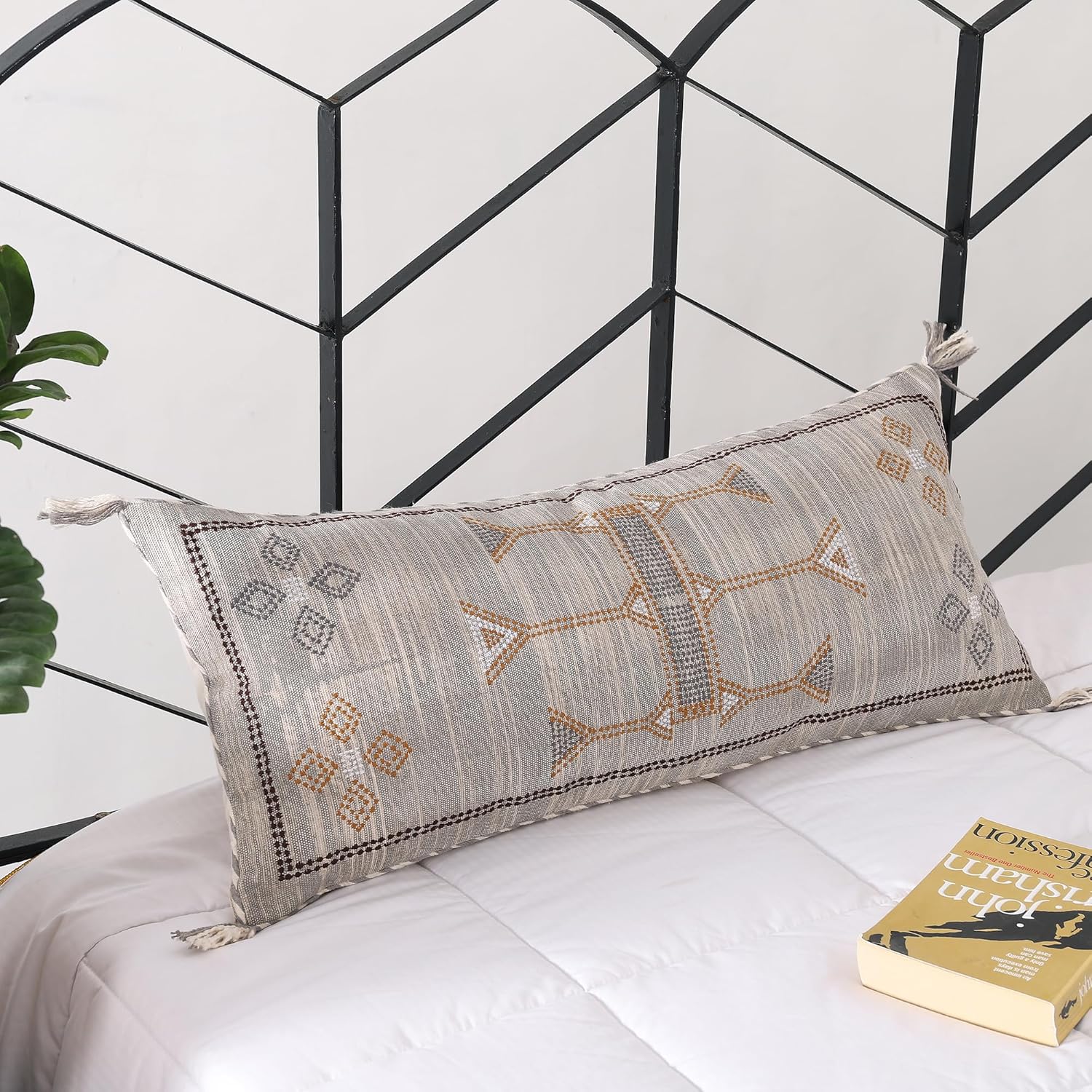 Grey Lumbar Embroidered Cactus Sink Pillow 12" x 28"