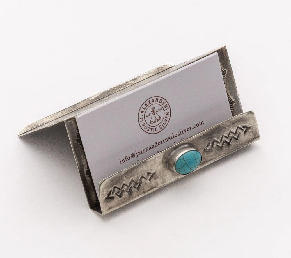Stamped Silver Business Card Holder with Turquoise