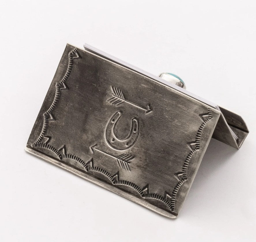 Stamped Silver Business Card Holder with Turquoise