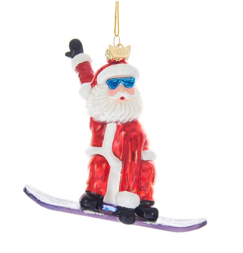 Snowboard Santa Glass Ornament