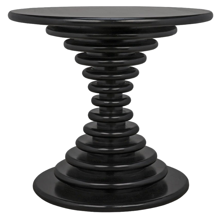 Black side table with unique spiral design on a white background