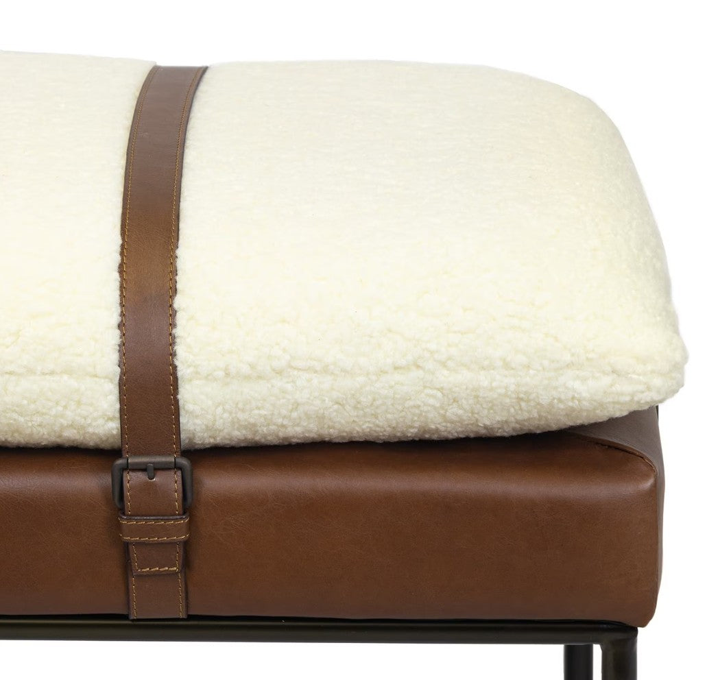 Aspen Leather and Boucle Faux Wool Bench in Cappucino