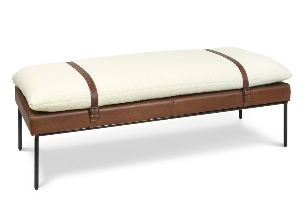 Aspen Leather and Boucle Faux Wool Bench in Cappucino