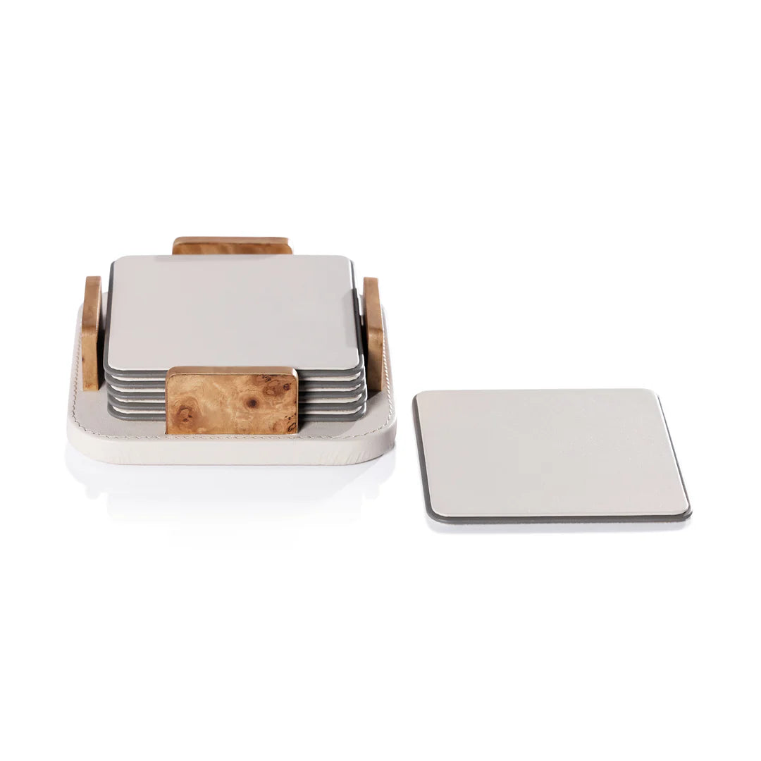 Sotto Leather with Burl Veneer Coaster Set