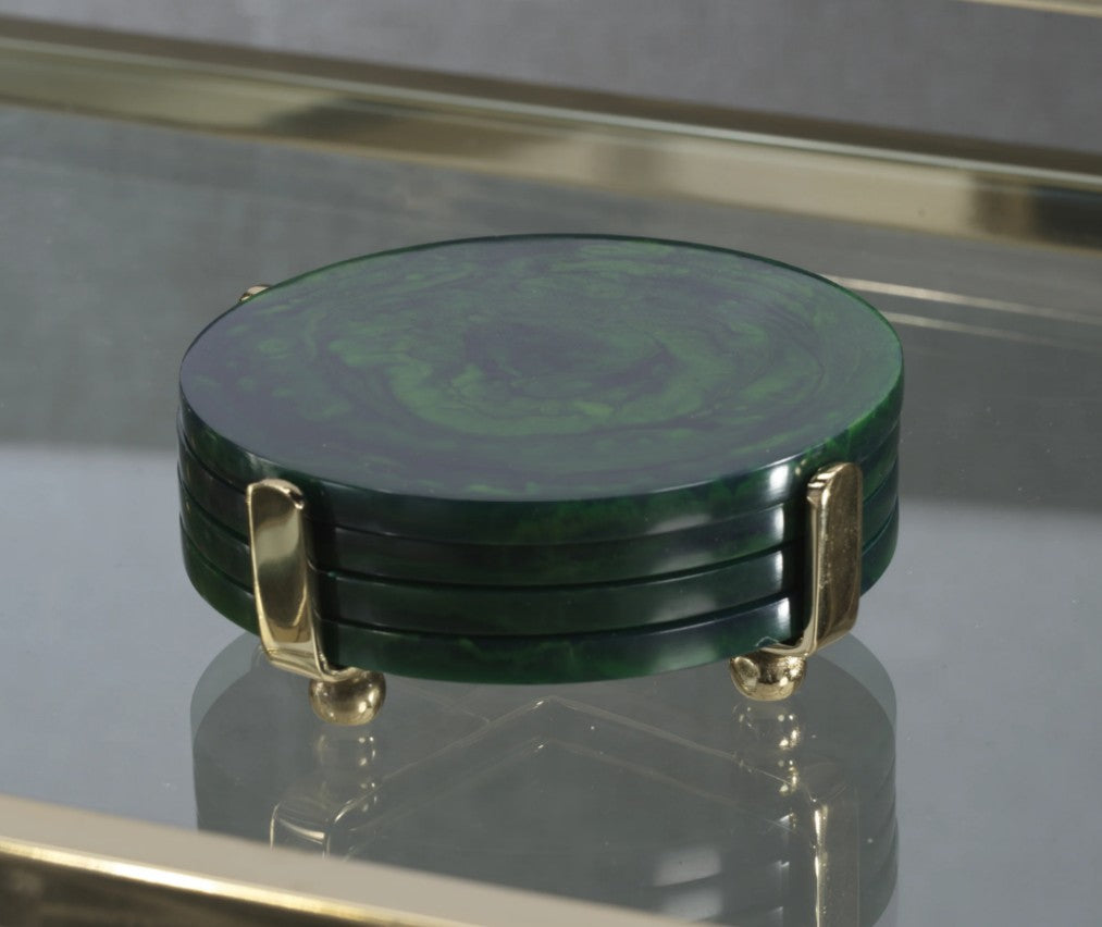 Spiga Set of 4 Coasters on Stand in Gold with Green Accent