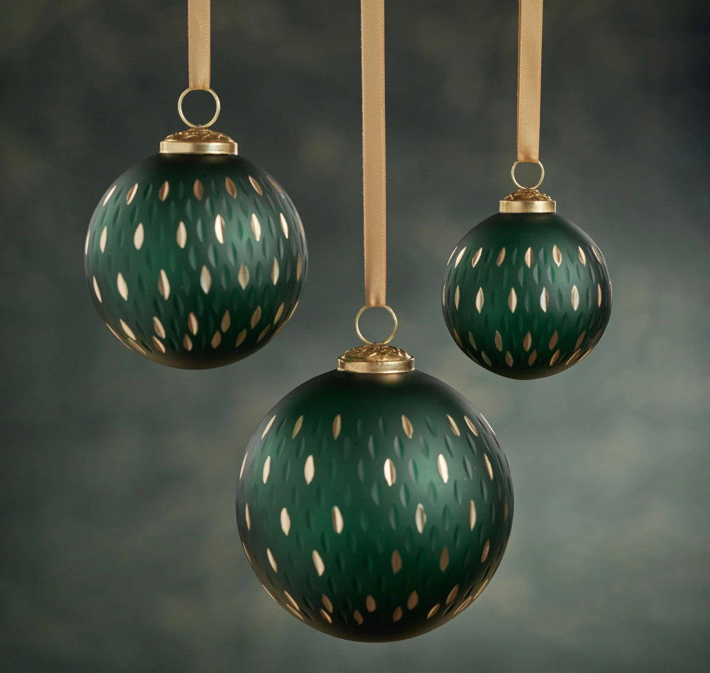 Frosted & Etched in Gold Glass Ornament - Green