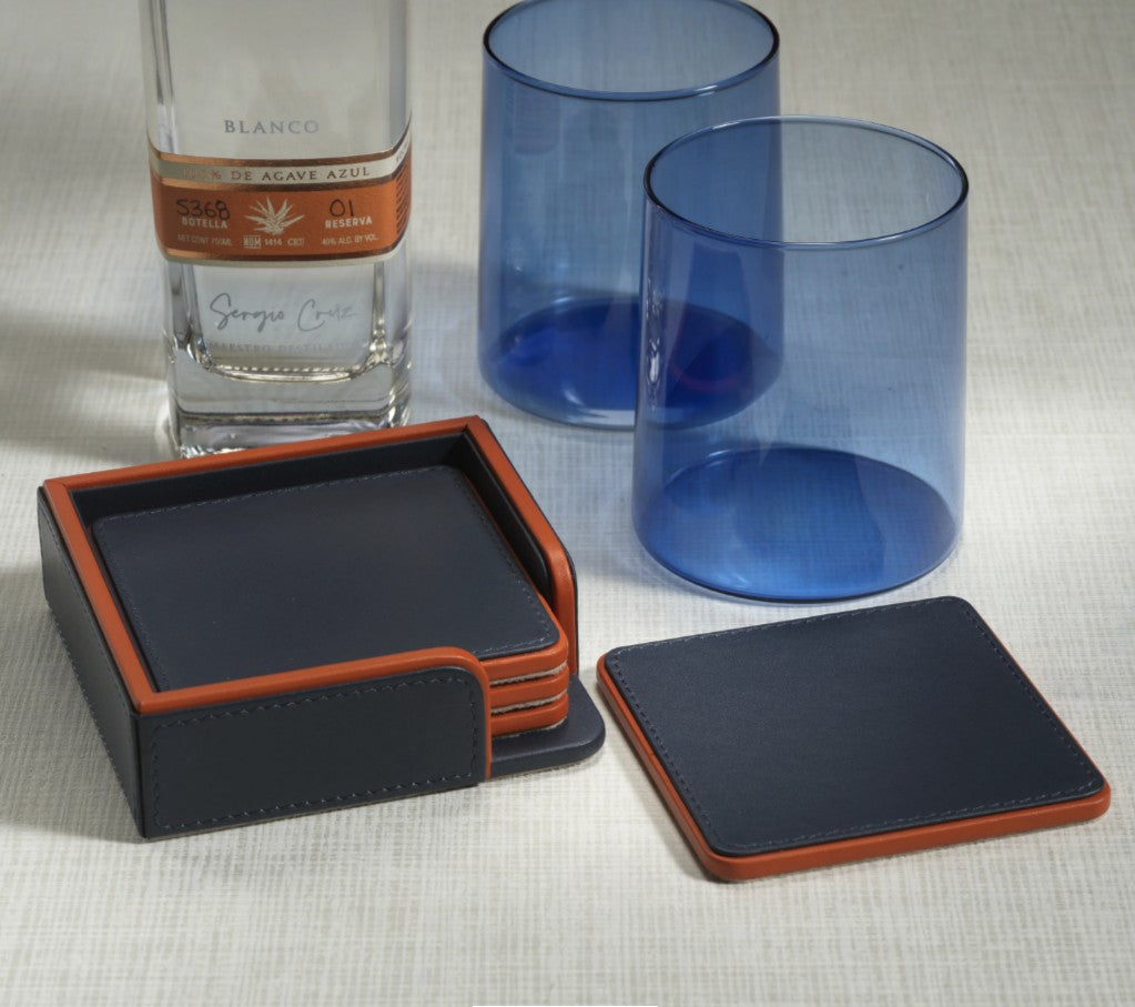 Navy and Orange Nappa Leather Coasters on Tray