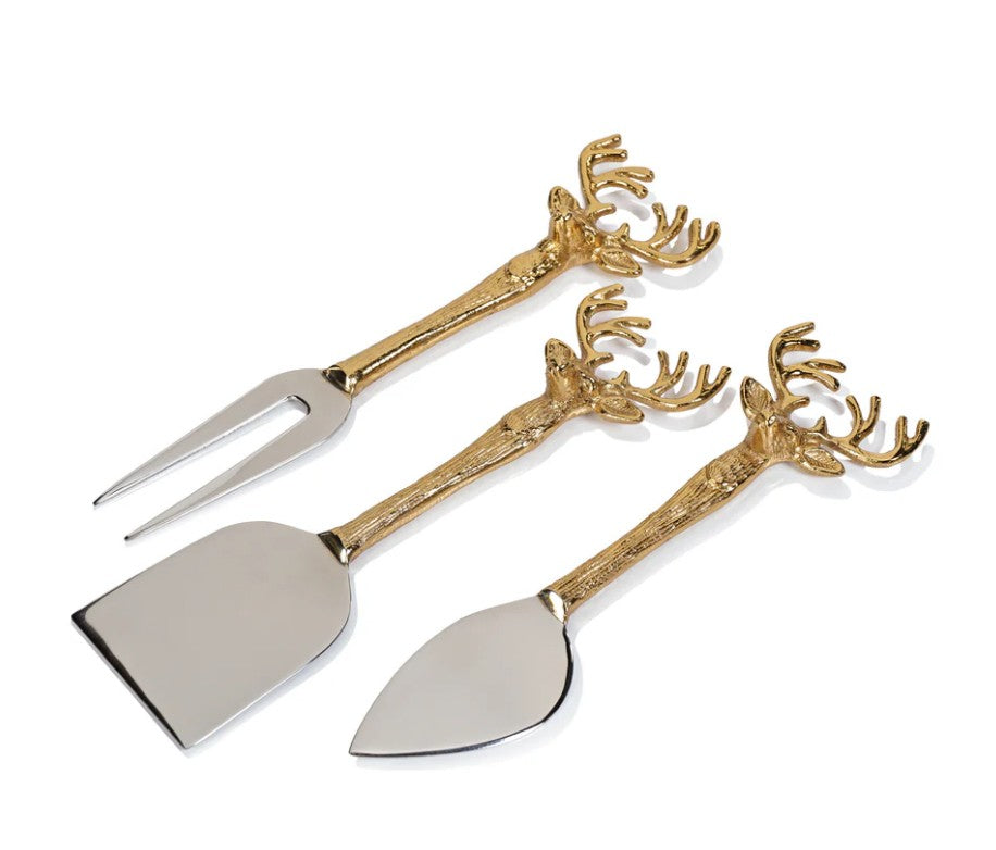 Stag Head Fromage Serving Set - Set of 3 - Brass and Stainless Steel