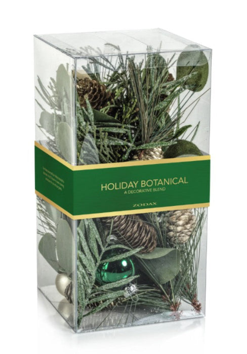 Holiday botanical decorative blend in a clear box with green label