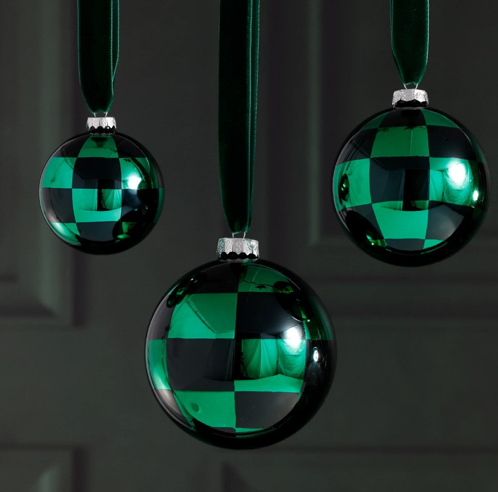 Large Checkered Glass Ball Ornament - Black & Green