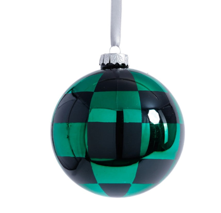 Large Checkered Glass Ball Ornament - Black & Green