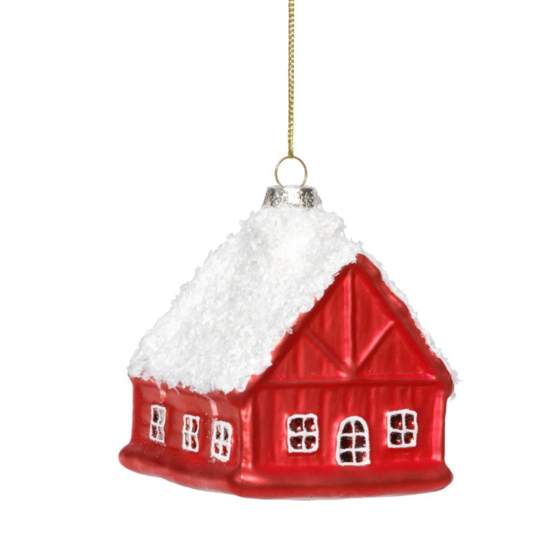 Glass Red House with White Roof Ornament