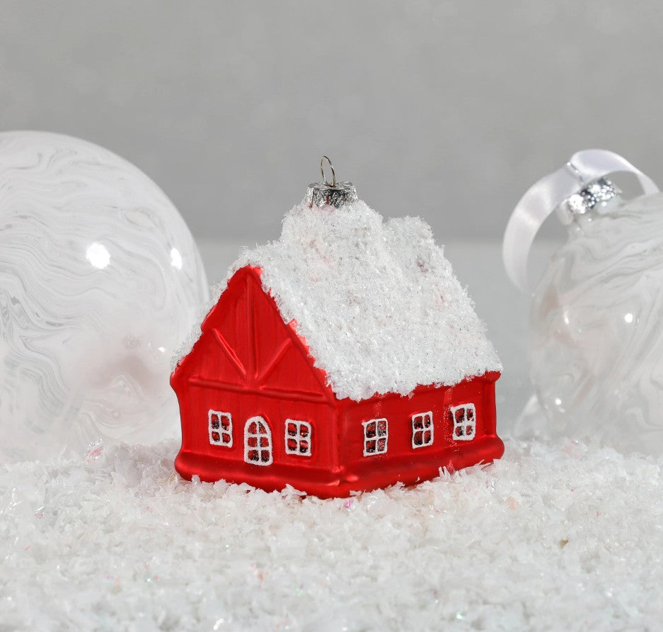 Glass Red House with White Roof Ornament