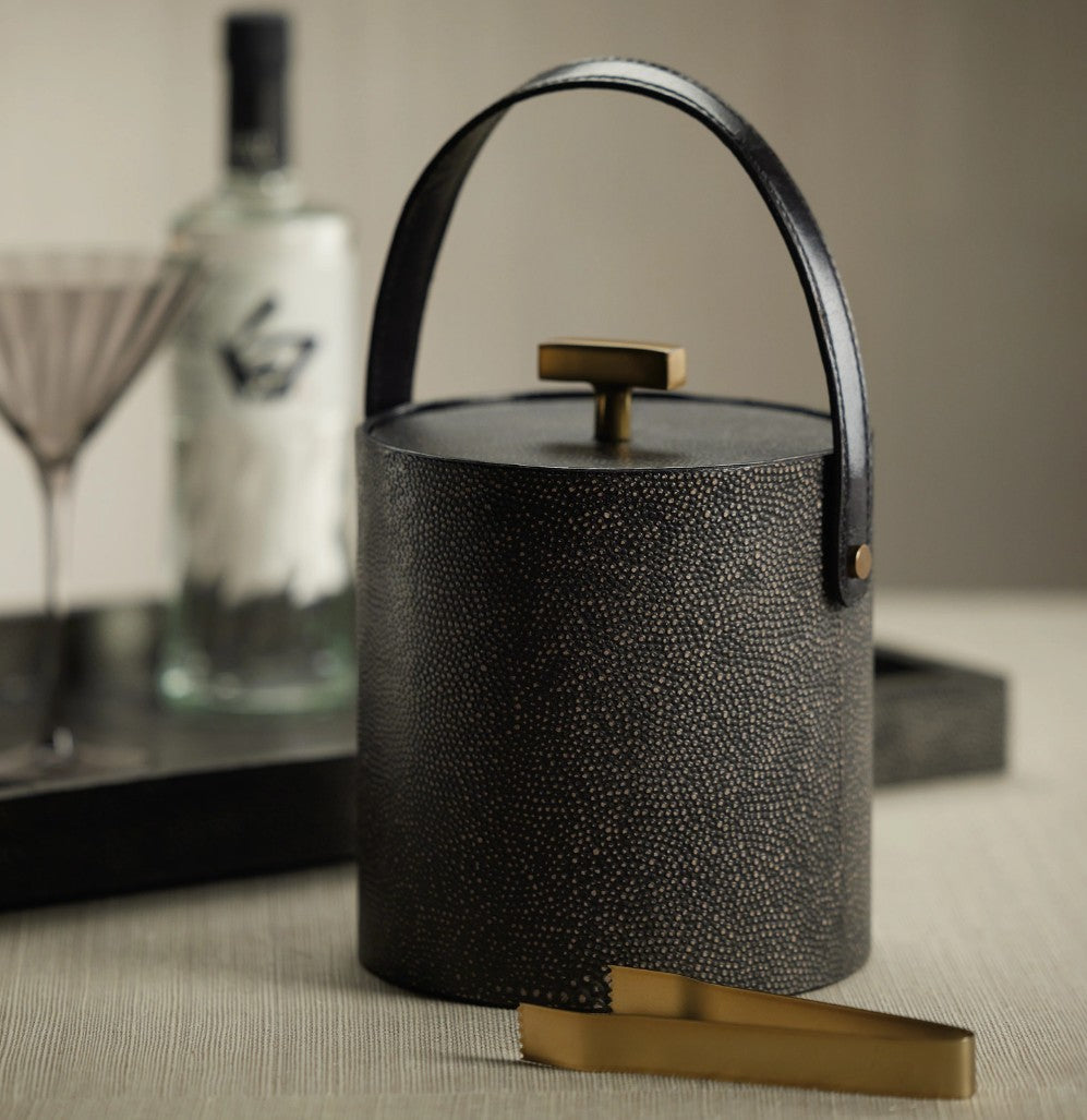 Nika Shagreen Leather Ice Bucket with Gold Brace Ice Tong