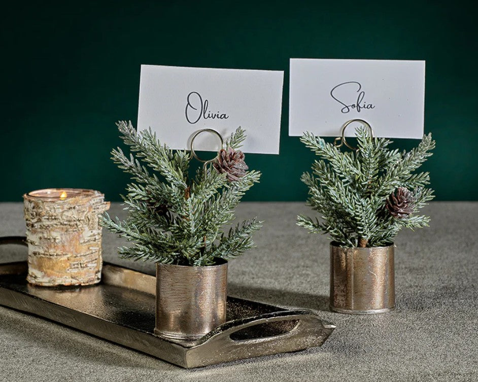 Pine in Silver Bucket Place Card Holder