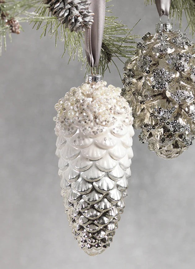 Glass White and Silver Pinecone Ornament