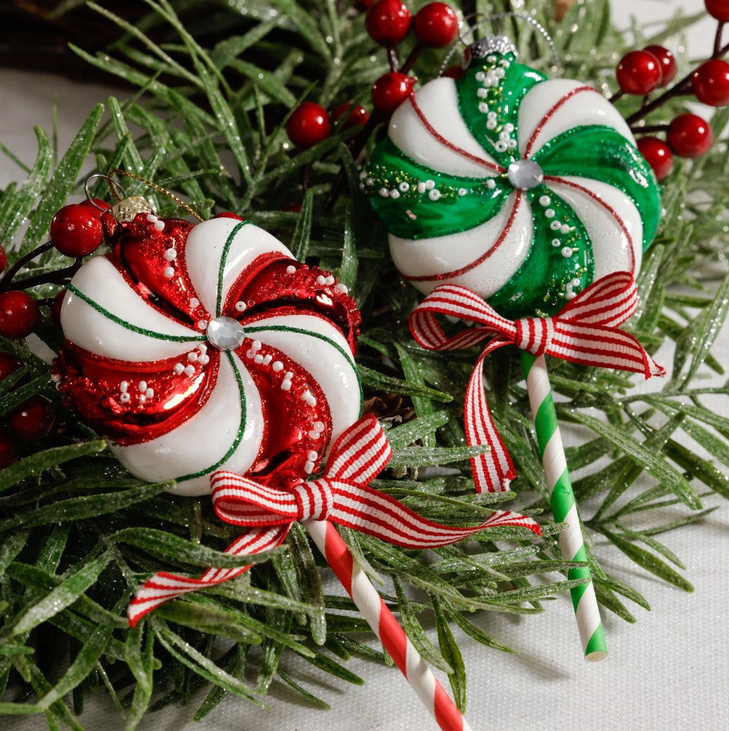 Glass Lollipop Ornaments - Green & Red