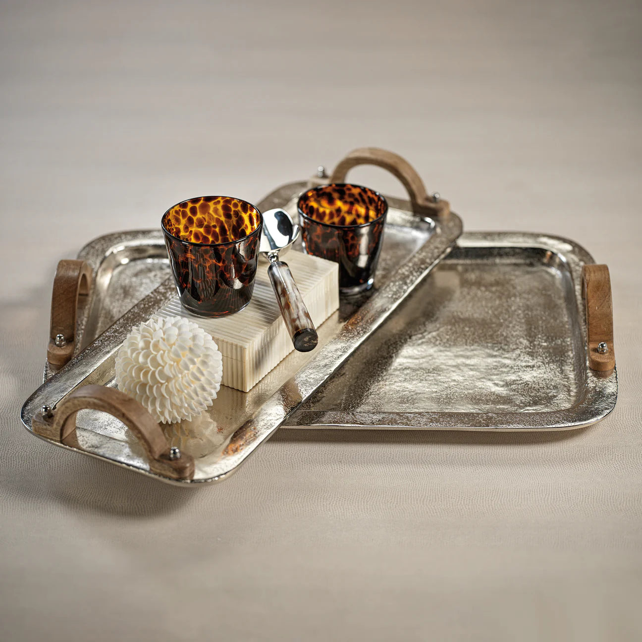 Barcelona Nickel Aluminum Tray with Wooden Handles - Small