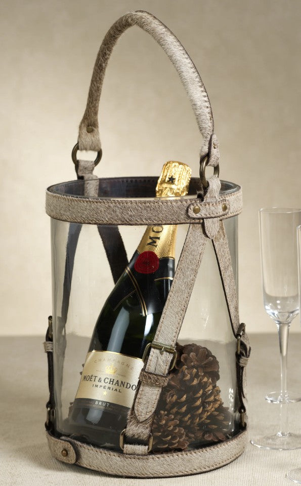 St. Moritz Hair on Hide Leather Glass Hurricane/ Ice Bucket