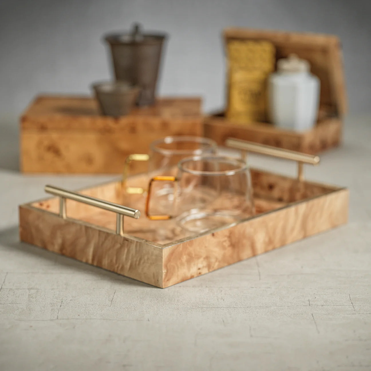 Leiden Burl Wood Rectangular Tray with Gold Handles