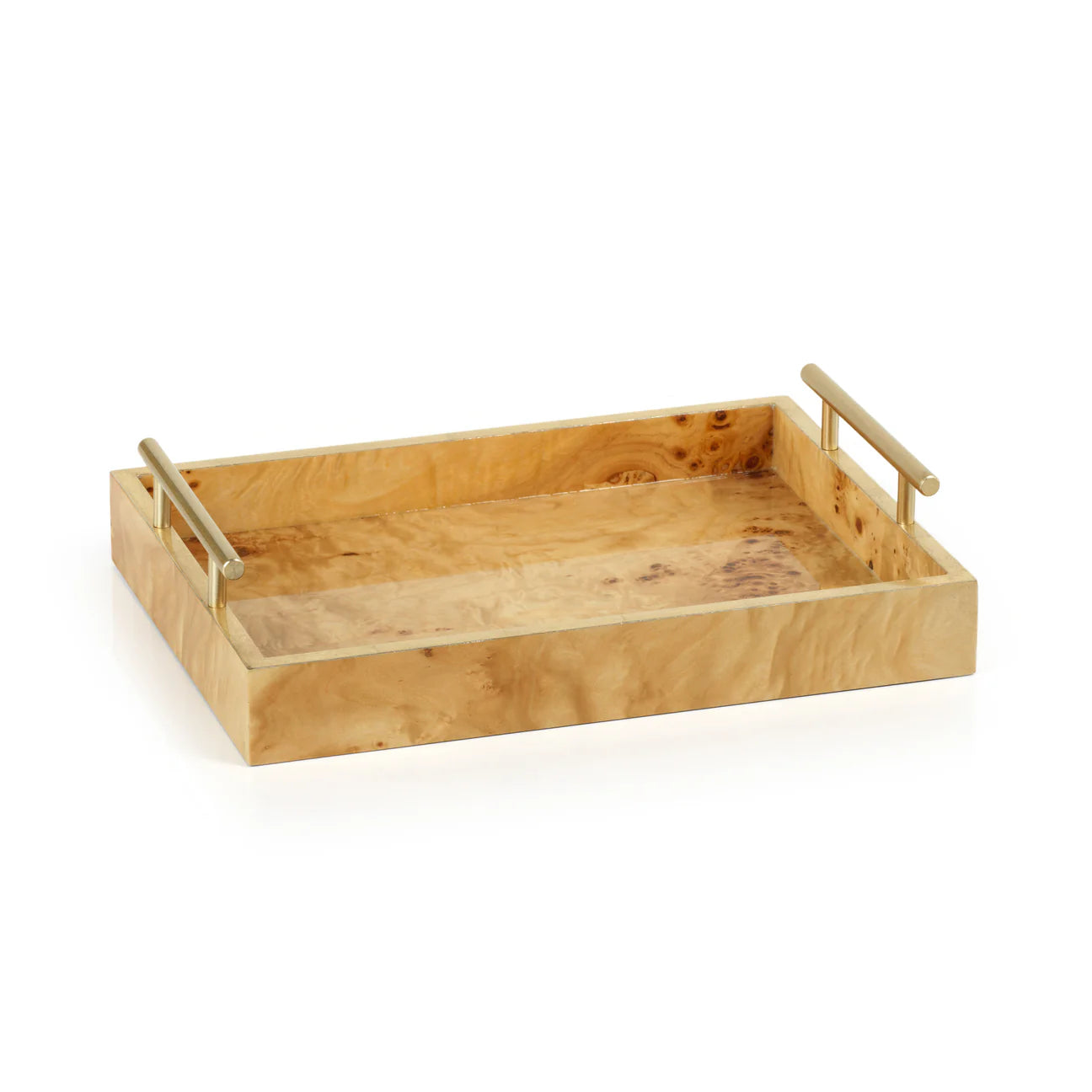 Leiden Burl Wood Rectangular Tray with Gold Handles