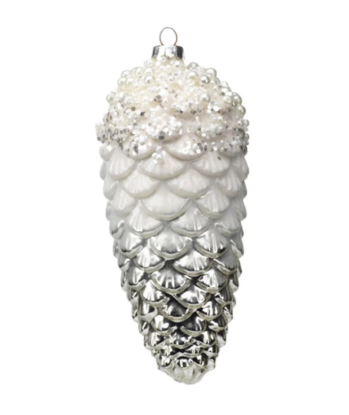 Glass White and Silver Pinecone Ornament