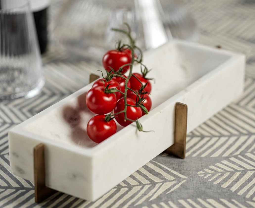 Nairobi White Marble Tray on Gold Metal Base